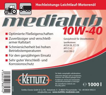 KETTLITZ-Medialub 10W-40 Hochleistungs-Leichtlauf Motorenöl API CI-4; ACEA, E6, E7, E9 - 1000 Liter IBC